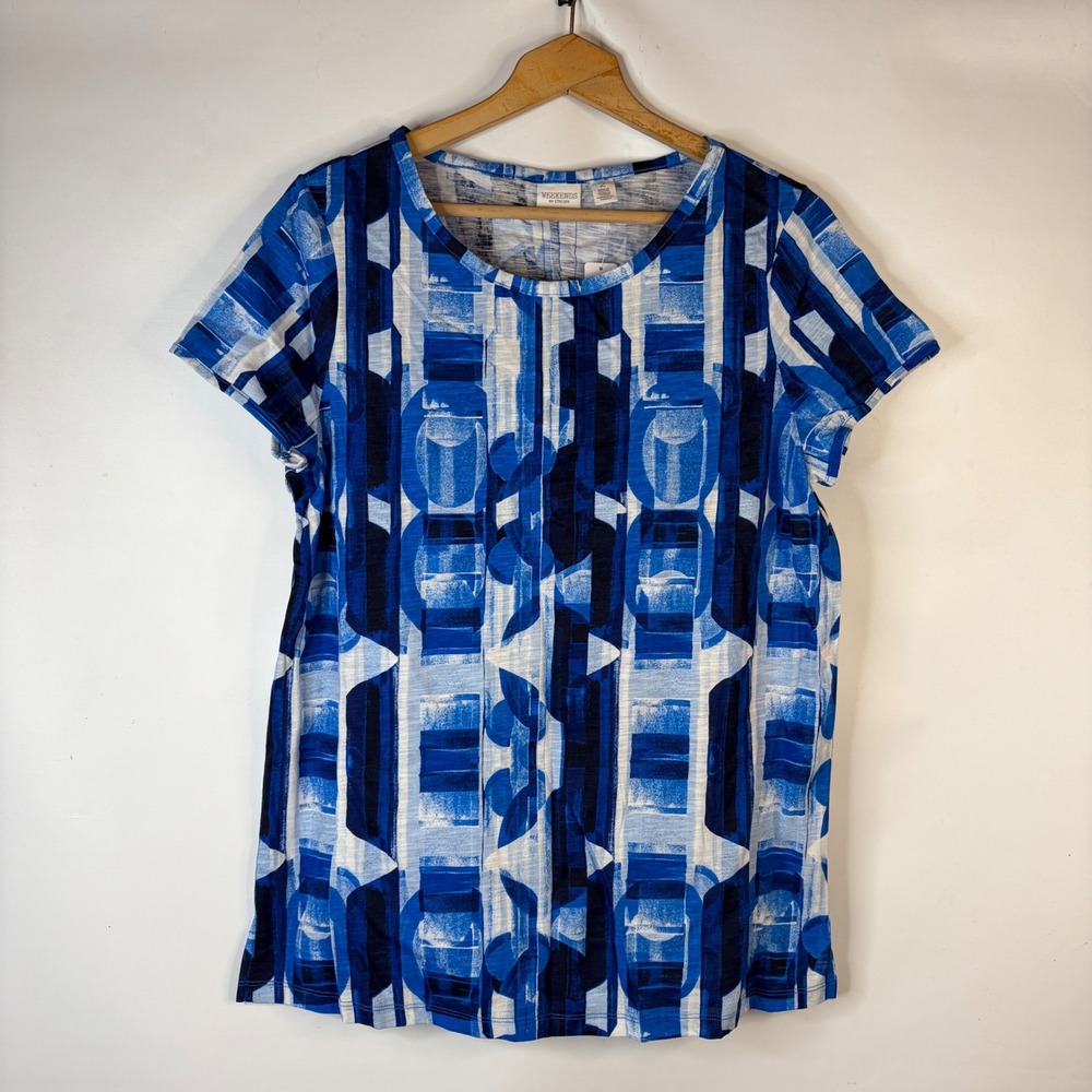 Chico's Kelsey SS Top Women Size 2 Stratus Blue Abstract Geometric Keyhole Back